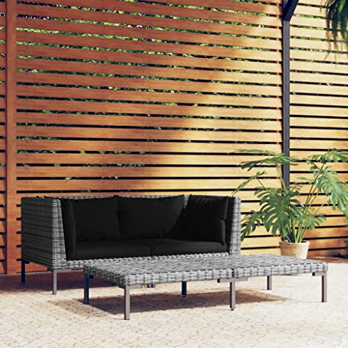 Myheimly 3-TLG. Garten-Lounge-Set Dunkelgrau Halbrundes Poly Rattan 2X Eckteil Tisch