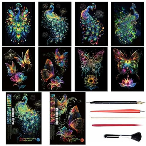 8 Stück Magic Rainbow A4 Kratzpapier- Bastelsets für Kinder, Regenbogen Kratzpapier, Kratzbilder Set DIY Bastelsets mit Kratzwerkzeuge Kit für Kinder Erwachsene, Nachtleuchtend Schmetterling+Pfau