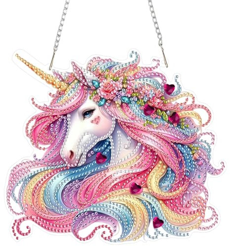DOMROM Einhorn Diamond Art Painting Anhänger, Bunt Diamond Painting Fensterbilder Anhänger, Diamond Painting Hängende Ornament für Kinder Erwachsene Diamant Malerei Basteln Tür Wand Fenster Deko