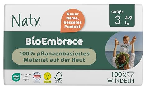 Naty BioEmbrace Baby Windeln Größe 3 (4–9 kg) | 100% pflanzenbasierte Materialien auf der Haut | Atmungsaktive Weichheit, dermatologisch getestet, exzellente Saugkraft | 100 Stück