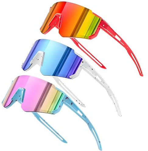 Gafas de ciclismo para niños, 3 unidades, protección UV400, polarizadas, resistentes al viento, para niños, niñas, actividades al aire libre, ciclismo, conducción, correr, golf, correr (blanco + azul