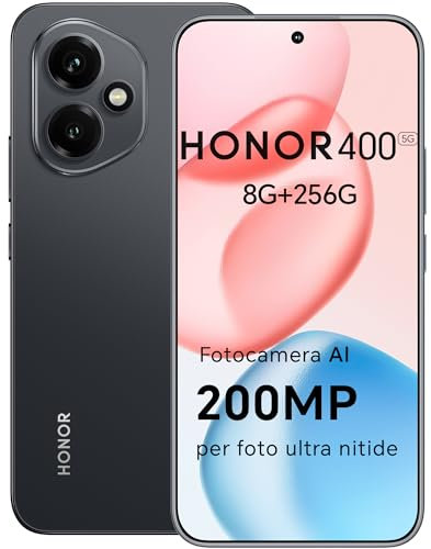 HONOR 400 Smartphone 5G Dual SIM NFC,200MP con AI fotografica, 8GB/256GB,5300 mAh, 6.55 pollici AMOLED Eye-Care Display cellulare, Snapdragon 7 Gen 3 telefono,Smartphone con Android 15,Midnight Black