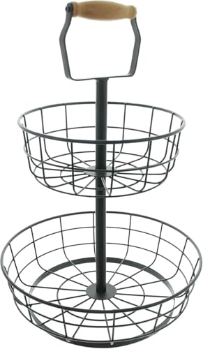 FRANK FLECHTWAREN Etagere Modern, Metall, Mattschwarz, Holzgriff Maße: Ø 30 x 45 cm, einfache Selbstmontage, vielseitig einsetzbar sowohl dekorativ als auch nützlich