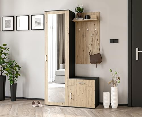 AXLIVING Garderobe mit Spiegel Magnola – 100cm breit Schwarz & Artisan