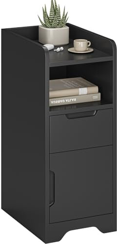 Brinlawb Nachttisch Schmal, Nachtschrank mit 1 offenen Fach, 1 Schublade und 1 Schrank mit Tür, Beistelltisch Schmal Sofatisch Nightstand für Wohnzimmer, Schlafzimmer, Perfekt für kleine Ecke, Schwarz