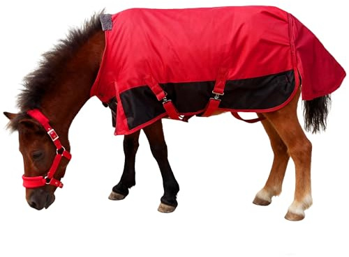Mini-Pferde/Pony/Fohlen/Miniatur Weidedecke, mittelschwere Winterdecke für Pferde, 1200 Denier wasserdicht & atmungsaktiv, 220g Füllung (Rot, 119,4 cm)