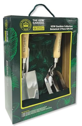 Spear & Jackson 3055KEW Coffret Cadeau Botanique Kew Gardens – Plantoir et Fourchette à Désherber en Acier Inoxydable avec Poignées en Bois FSC et Gants de Jardinage à Paume en Cuir