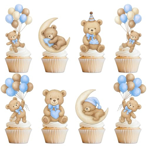 Zosutetoxo Cupcake Topper Set 36 Stück Blau Bär Tortendeko Baby Shower Junge Muffin Deko Teddybär mit Luftballon Mond Herz für Gender Reveal 1. Geburtstag Taufe