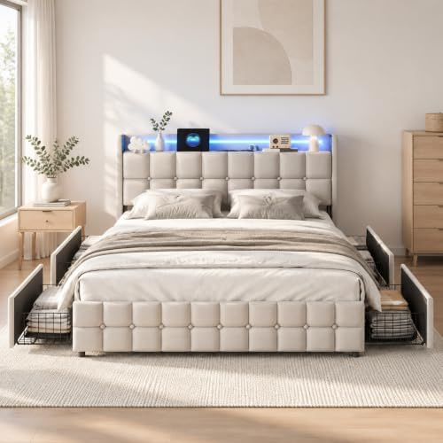 KRYZOR Polsterbett 160x200 avec Sommier, LED, USB, 4 Schubladen, Beige | Gepolstertes Kopfteil, Leinenbezug, Metallgestell, Schubladen mit Rollen, für Erwachsene und Jugendliche