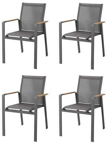 AXI Alva Gartenstuhl Set 4 Stück in Anthrazit | Gartenstühle für Gartentisch aus Aluminium/Teakholz - Sling Sitzfläche und Rückenlehne | Stuhl Wetterfest für Garten/Draußen - bis zu 120 kg belastbar