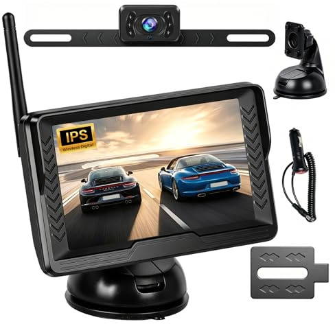Hikity Kit Cámara Marcha Atrás Inalámbrica Pantalla AHD IPS 5 Pulgadas 12V | Sistema Cámara Marcha Atrás Visión Nocturna Líneas Guía Soporte 360 Grados para Coche SUV Turismo Matrícula Fácil Instalación