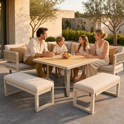 Su & Chan Legence Gartenmöbel Set für 8 bis 10 Personen, Lounge Möbel Outdoor mit Sitzkissen und Rückenkissen, Gartensofa mit Tisch aus Kunststoffholz, wetterfestes, Beige