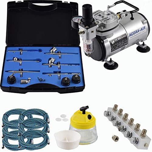 Agora-Tec® Airbrush Komplett-Set EXPERT XXIII.2, Komplettsystem für Airbrushanwendungen, inkl. Kompressor mit 4 bar und 20l/min + 6 Airbrushpistolen mit 6 versch. Nadeln/Düsen + regelbaren 6-fach Luftverteiler + Clean Pot + 6 Schläuche