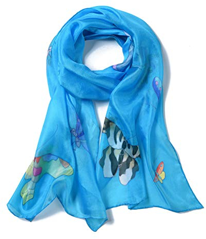 Invisible World Damen Seidentuch handbemalt Schmetterlinge – langes Halstuch Kopftuch und Haartuch – Türkis