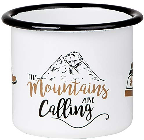 MUGSY - DAS TASSENWERK Tazza di smalto MOUNTAINS ARE CALLING con design di montagna, leggera e resistente, per campeggio e trekking