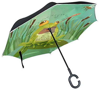 Regenschirm mit niedlichem Frosch-Figuren, umgekehrter Regenschirm, Tier-Grün, doppelschichtig, winddicht, selbststehend, UV-Schutz, nicht automatisch, groß, gerade, C-förmiger Griff für Auto R