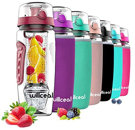 willceal Wasserflasche Mit Fruchteinsatz 945 ml Durable mit abnehmbarem Eisgel-Ball, groß - BPA-freies Tritan, Flip-Deckel, dichtes Design - Sport, Camping (Tiefrot)