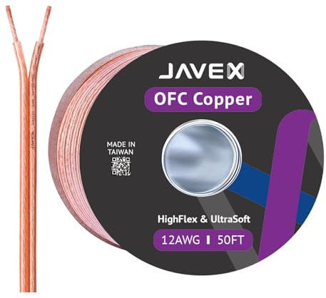 JAVEX Speaker Wire 12-Gauge [3.38mm2][0.16mm Strands Oxygen-Free Copper 99.9%] Stranded Copper, Flat Cable, Cable for Hi-Fi Systems, Amplifiers, AV receivers and Car Audio Systems, 15.25M