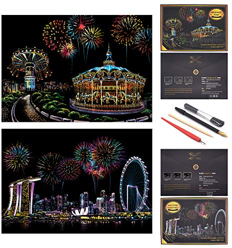 SiYear Scratch Paper Regenbogen Malerei Skizze, City Series Night Scene, Scratch Painting kreative Geschenk, Scratchboard Kunst für Erwachsene und Kinder, mit 4 Tools (Vergnügungspark + Singapur)