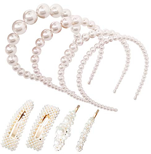 YuCool 4 Perlen-Haarreifen für Damen und Mädchen,Perlen-Haarreifen für Hochzeit,Perlen Haarreif Perlen Weiße, 4 haarklammer perlen für Hochzeit, Geburtstag, Party, Valentinstag, 8er-Packung