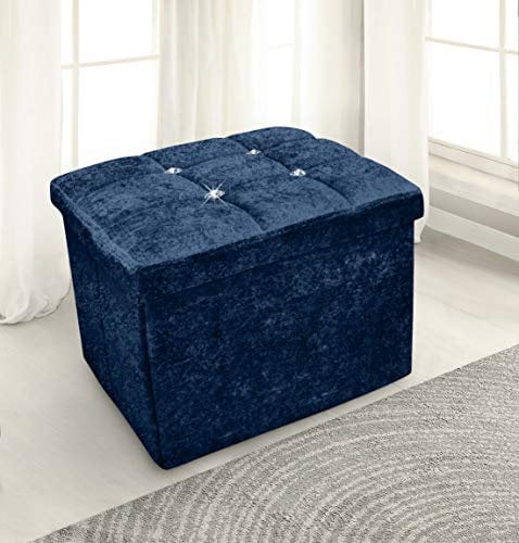 1 Seater Luxury Crushed Velvet Fabric with Diamantes Foldaway Ottoman Stool Blanket Box Bench 38cms x 38cms (Navy Blue)