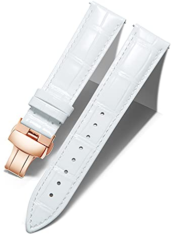 BINLUN Leder Uhrenarmband Lederarmband Ersatz Uhrenarmbänder für Herren Damen mit Silber/Gold/Roségold Schmetterling Faltschließe 12-24mm(16mm Weiß-Roségold Schnalle)