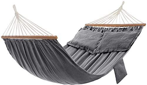 SONGMICS Hängematte, Outdoor, mit 2 Holzstangen, mit 2 Kissen, bis zu 300 kg belastbar, 210 x 150 cm, grau GDC022G01