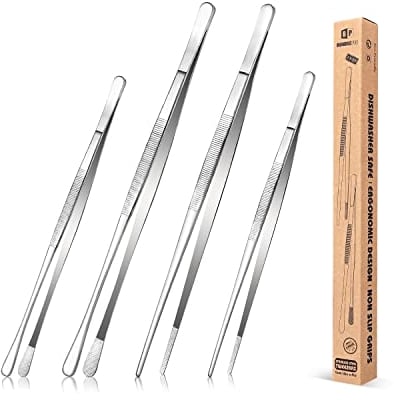 Set di 4 pinze fini da cucina, 30,5 cm e 25,4 cm, in acciaio INOX, per uso alimentare, pinze professionali lunghe, per cucina, riparazioni, frutti di mare e barbecue
