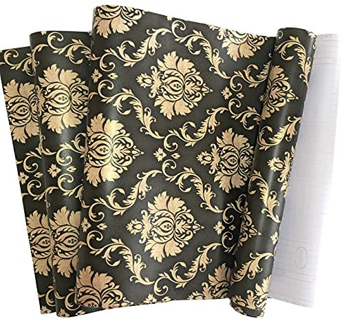 MyFun 11Yards Luxury Black-Gold Floral Damask Wallpaper Peel and Stick, Vintage Removable Contact Wall Paper Decals for Living Room Furniture, 48.4 Square ft 32.8ft x17.7Inch