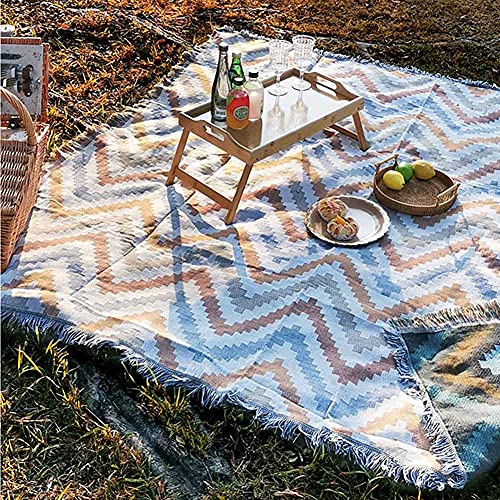 Picknickdecke Aus Baumwolle Mit Quasten Zickzack, Wasserdicht Sanddicht PVC-Matte, Tragbar Faltbar Gewebte Sofatuch Tischdecke Zum Camping Reise Garten Wandern 180X180Cm
