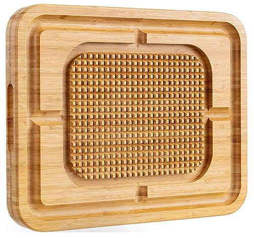 eletecpro Turkey Cutting Board with Grid Grip, Large 17x13x1.5 Inch Bamboo Steak Carving Board, Thick Butcher Block Reversible with Deep Juice Drip Grooves, Thick Serving Tray,Natural