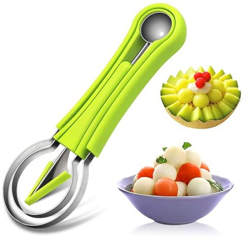 Suuker 4 in 1 Melon Baller Scoop Set, Stainless Steel Fruit Cutters Shapes, Watermelon Scooper and Baller, Fruit Carving Tools (Green)