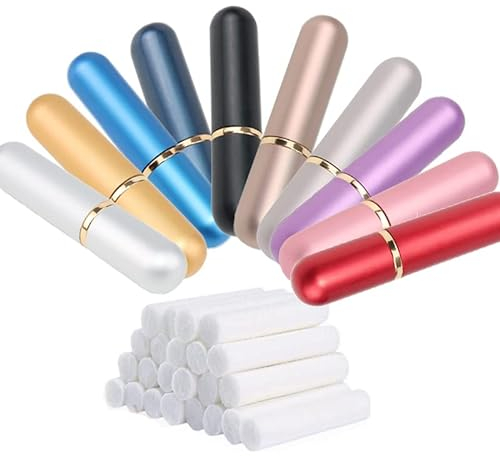10 Stück mehrfarbige Naseninhalatoren für ätherische Öle aus Aluminium, persönlich, leer, nachfüllbar, eleganter Inhalator mit Dochten