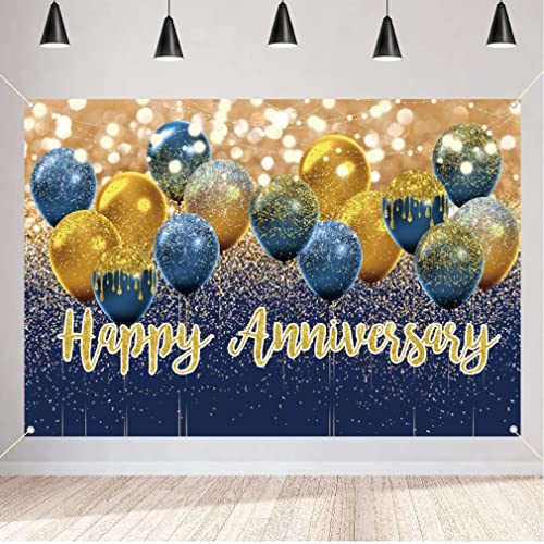 Happy Anniversary Dekoration Banner, Party Hintergrund Stoff Schild Poster, 10., 30., 45., 50. Hochzeitstag Hintergrund, Blau und Gold, 150 cm x 90 cm