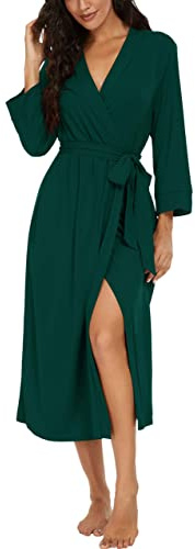 PrinStory Damen Bademantel Leichter 3/4 Ärmeln Morgenmantel V-Ausschnitt Kimono Roben Langes Nachtwäsche