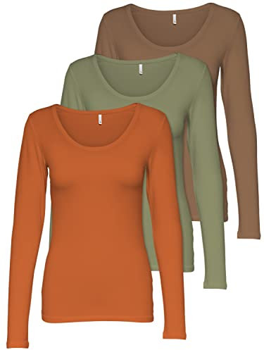 ONLY 3er Pack Damen Langarmshirt schwarz und weiß Langarm Basic Longsleeve Sommer aus 95% Baumwolle XS S M L XL 15209156 (Mix 6, L)