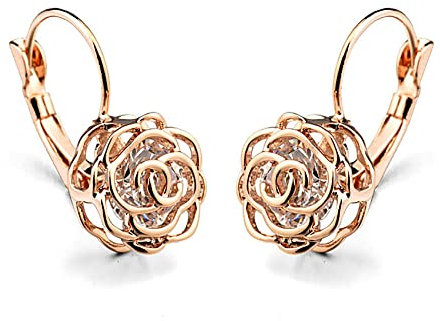 Blooming CZ Filigree 3D Rose Flower Crystal Leverback Dangle Drop Earrings for Women Girls Sensitive Ear Sweet Dangling for Lovers Wedding Elegant Diamond Jewelry Gifts Hypoallergenic (Rose Gold)