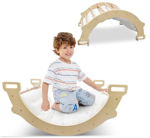 COSTWAY 3 en 1 Arche d’Escalade en Bois Enfants avec Coussin Moelleux, Arche à Bascule pour Grimper ou Se Reposer, Jouet d'arc d'escalade pour Chambre Salle de Jeux Garderie, Charge 50KG, 1 an+
