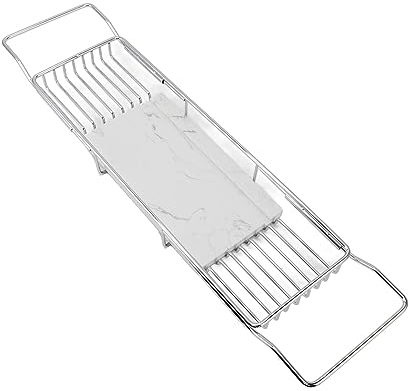 HURRISE Bathtub Tray, Stainless Steel Marble Extendable Bathtub Shelf for Birthday (Silver White)