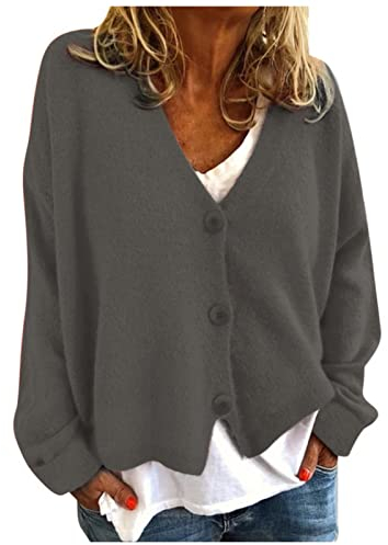 WVONIF Soild Cardigan à Boutonnage Simple Femmes Tricots pour Femmes Cardigan pour Femmes Plaid Polaire Pull (Grey-F, L)