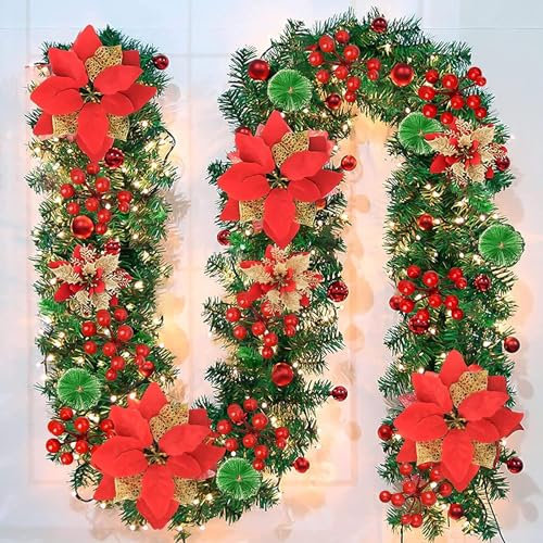 Vothen Guirnalda navideña con iluminación 270cm, Guirnalda de Abeto de PVC con guirnaldas de Luces LED, decoración navideña para Puerta y Chimenea con Flores de Navidad