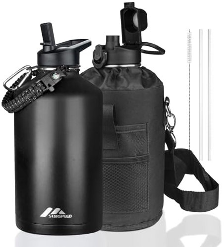 StarSpeed One Gallon Insulated Water Bottle with Straws & 2 Lids, 128oz Stainless Steel Double Walled Vacuum Water Jug, Large Wide Mouth with Paracord Handle for Gym Camping Hiking, Black