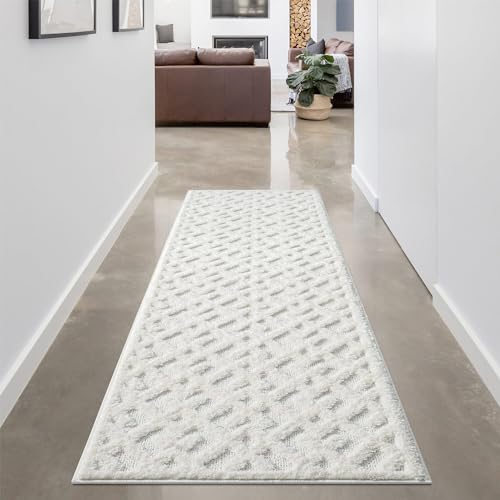 Teppich Wohnzimmer Hochflor Creme - Läufer 80x300 cm - Geometrisches Hochtief-Muster, 3D-Effekt - Bettvorleger Schlafzimmer Teppiche Boho, Skandi