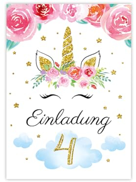 Minkocards 6 Einladungskarten zum 4. Kindergeburtstag Mädchen Einhorn Einladung vierte Geburtstag Mädchengeburtstag Geburtstagseinladungen