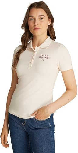 Tommy Hilfiger Damen Poloshirt Kurzarm Script Graphic Slim Fit, Elfenbein (Ivory Petal), XXL