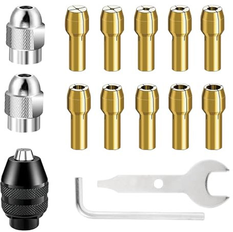 15 Piezas Portabrocas, Juego de Mandril Taladro, 1/32 a 1/8 Repuesto 4486 Cambio Rápido Portabrocas Sin llave y Reemplazo 4485 Cabezales de Sujeción Tuercas de Metal para Herramienta Rotativa