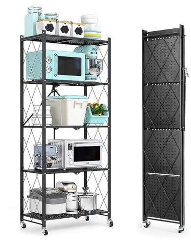 HomeMiYN Klappbares Regal mit Rollen 4 Etagen 5 Etagen Schwerlastregal Standregal Klappbares Küchenregal 71x34x121/159cm Metallregal Schwarz Lagerregal Regal für die Küche Wohnzimmer Büro (5 Etagen)