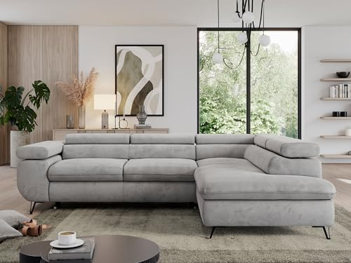 MKS MEBLE Sofa L, Wohnlandschaft L-Form mit Schlaffunktion und Bettkasten, Schlafsofa mit Bettkasten, Ecksofa, Sofa mit Einstellbare Kopfstützen, Pedro L - Hellgrau Velvet - Rechts