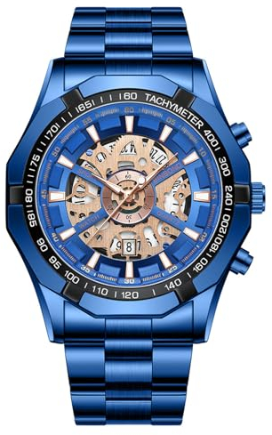 JewelryWe Herrenuhr Edelstahl Leuchtend Uhr: 30m Wasserdicht Kalender Analog Quarz Armbanduhr Herren Blau Edelstahlband Imitation Mechanische Skelett Uhr mit Achteckig Lünette & Rosegold Leuchtzeiger