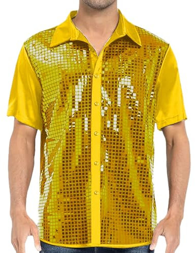 Chemise Homme Grande Taille 6Xl - Costume De Mode Pour Hommes Chemise à Manches Courtes Visage Brillant FêTe Disco Des AnnéEs 70 Tout Avec Chemise à Manches Courtes à Paillettes Chemise En Coton Lourd